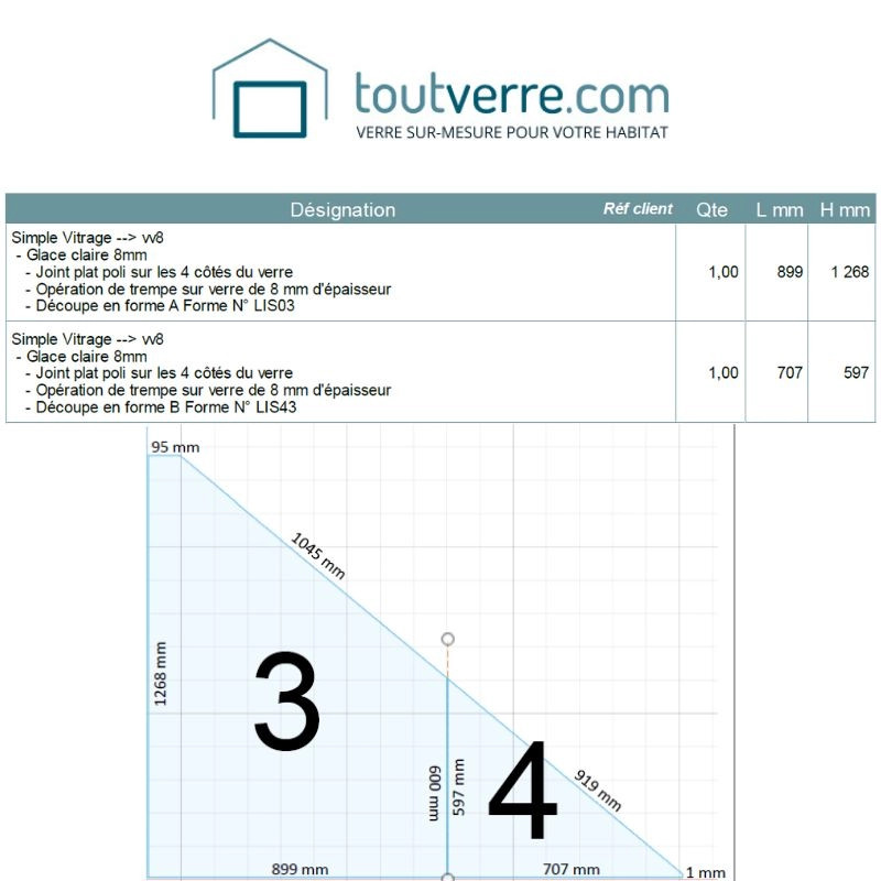 Devis verre trempé 8mm selon forme client
