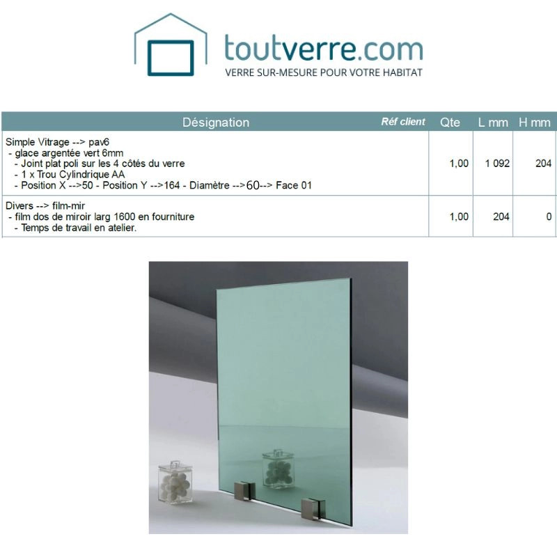 Devis miroir argenté vert filmé avec perçage