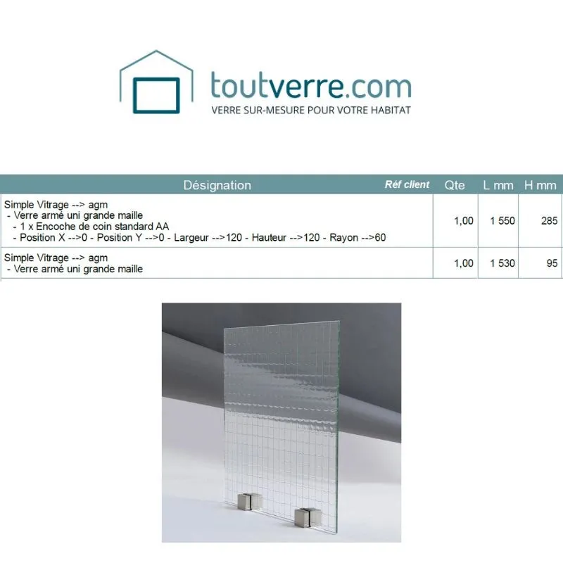 Devis sur mesure verre armé grande maille