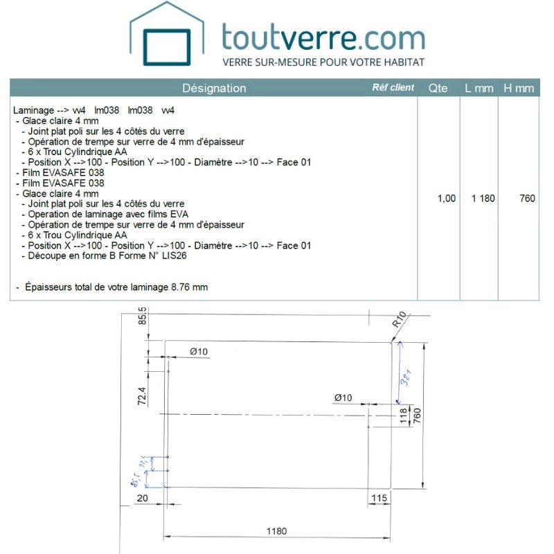 Devis sur mesure verre feuilleté trempé 44.2