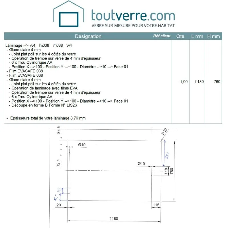 Devis sur mesure verre feuilleté trempé 44.2