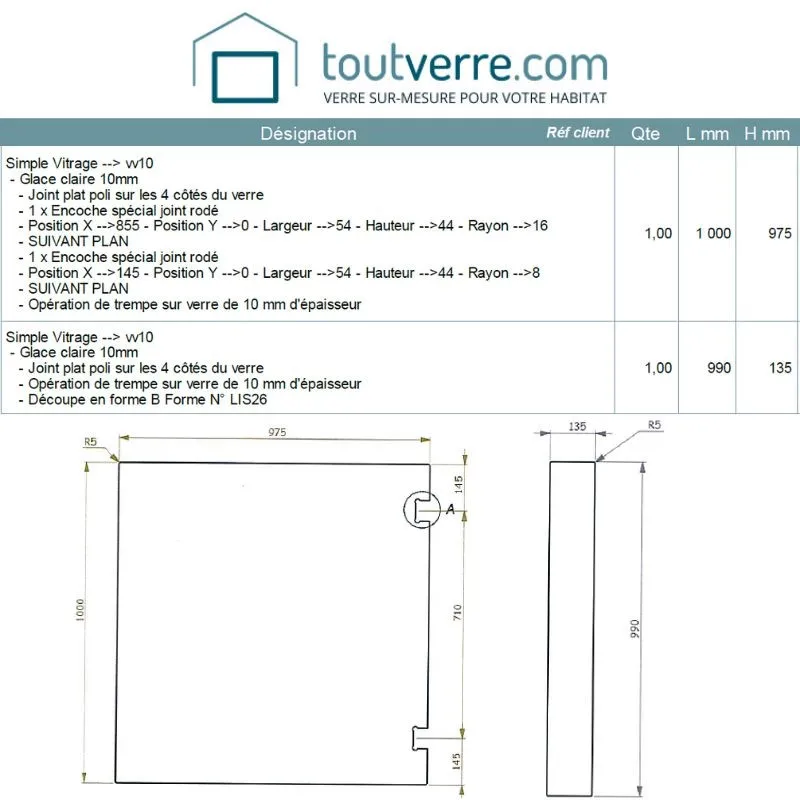 Devis sur mesure verre trempé clair 10mm selon plan