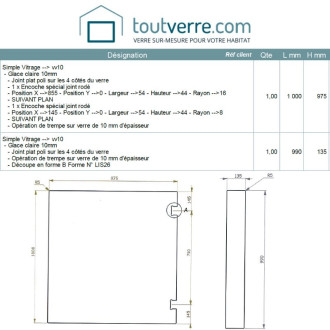 Devis sur mesure verre trempé clair 10mm selon plan