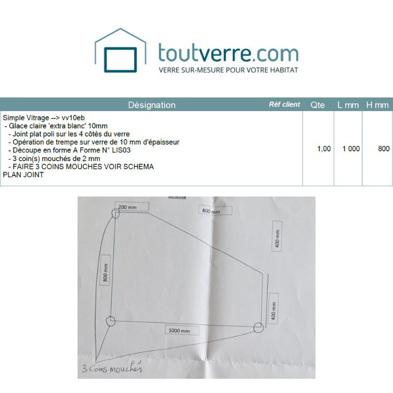 Devis sur mesure verre trempé extra clair 10mm pan coupé