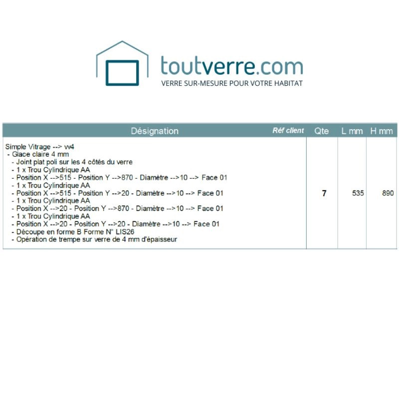 Devis sur mesure verre trempé clair 4mm avec perçages