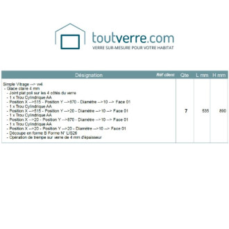 Devis sur mesure verre trempé clair 4mm avec perçages