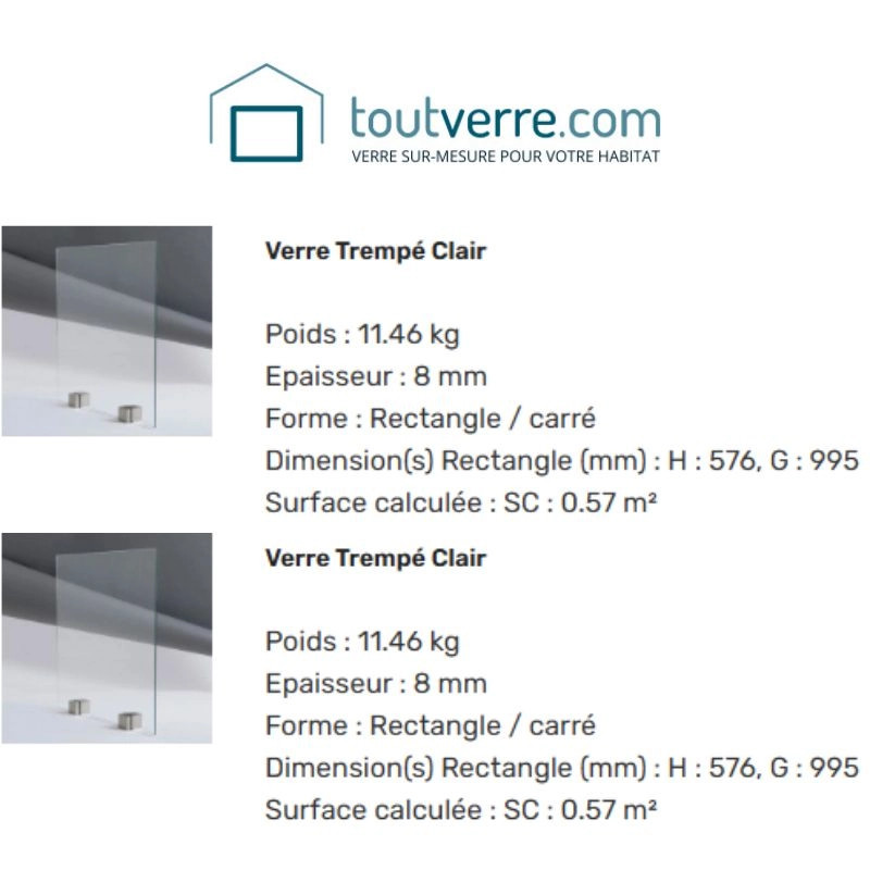 Supplément verre trempé clair 8mm et livraison domicile