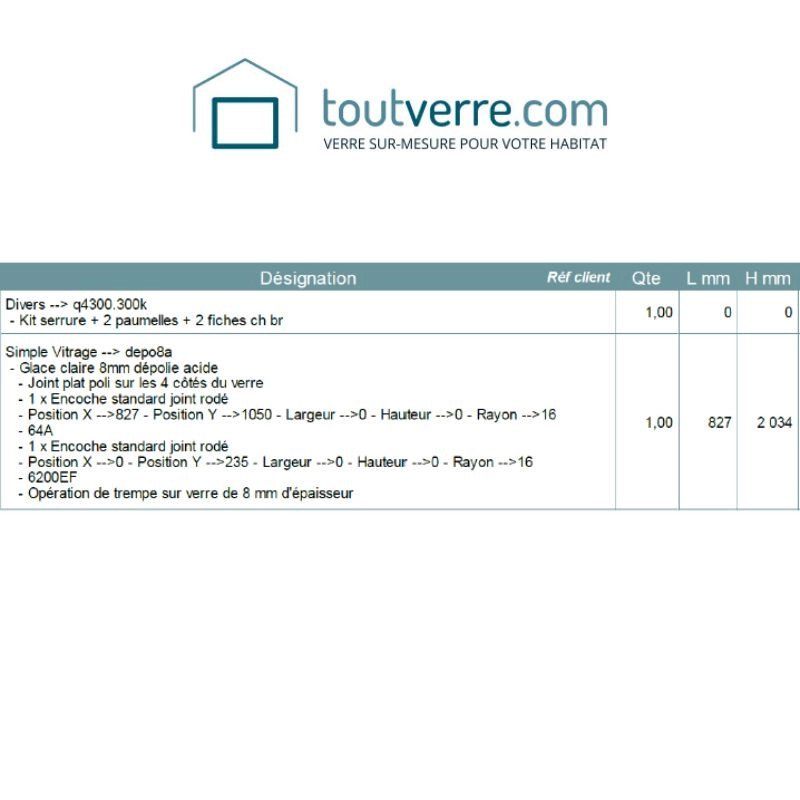 Devis porte clarit® dépoli et kit serrure