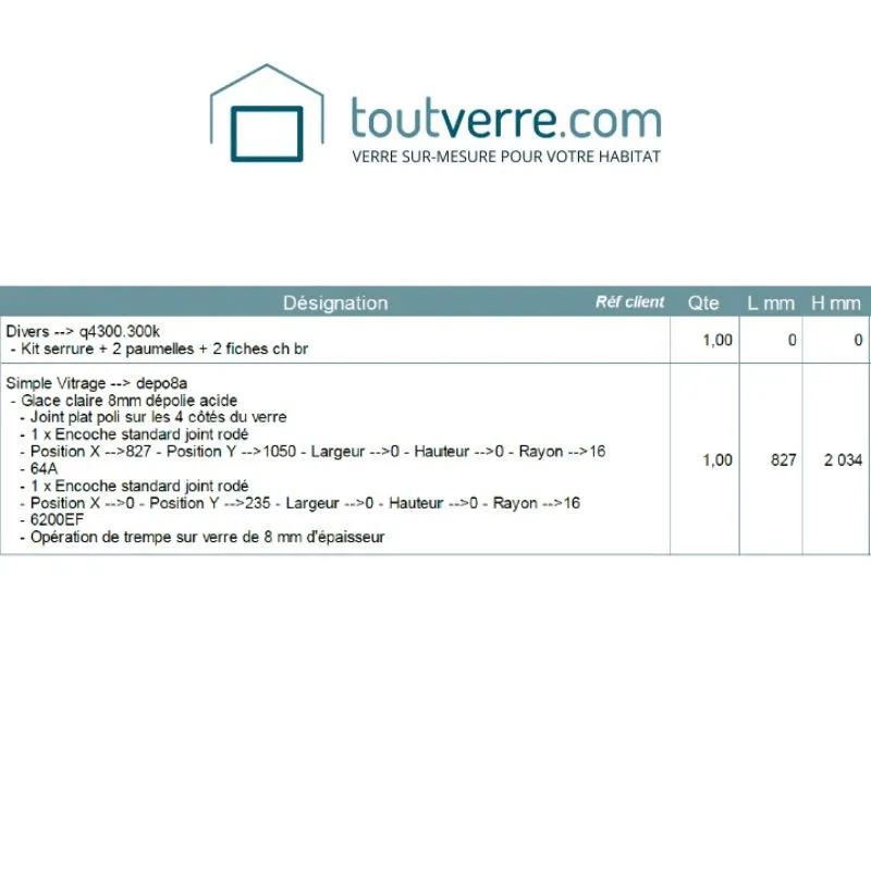 Devis porte clarit® dépoli et kit serrure