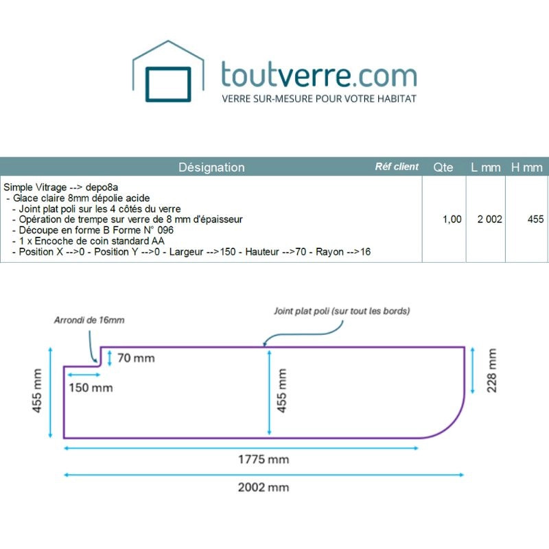 Devis sur mesure verre trempé dépoli acide 8mm
