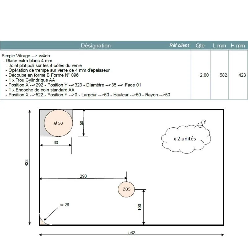 Devis sur mesure verre trempé extra clair 4mm avec perçages