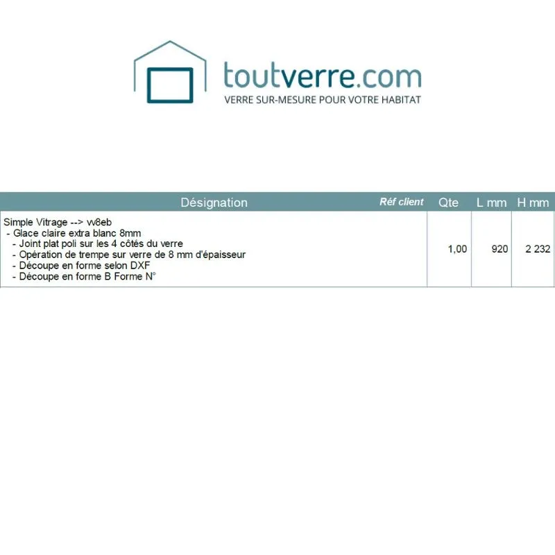 Devis sur mesure verre trempé extra clair 8mm