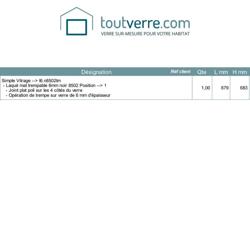 Devis sur mesure verre trempé laqué noir mat 6mm