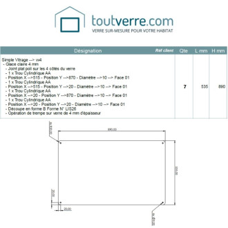 Devis sur mesure verre trempé clair 4mm avec perçages