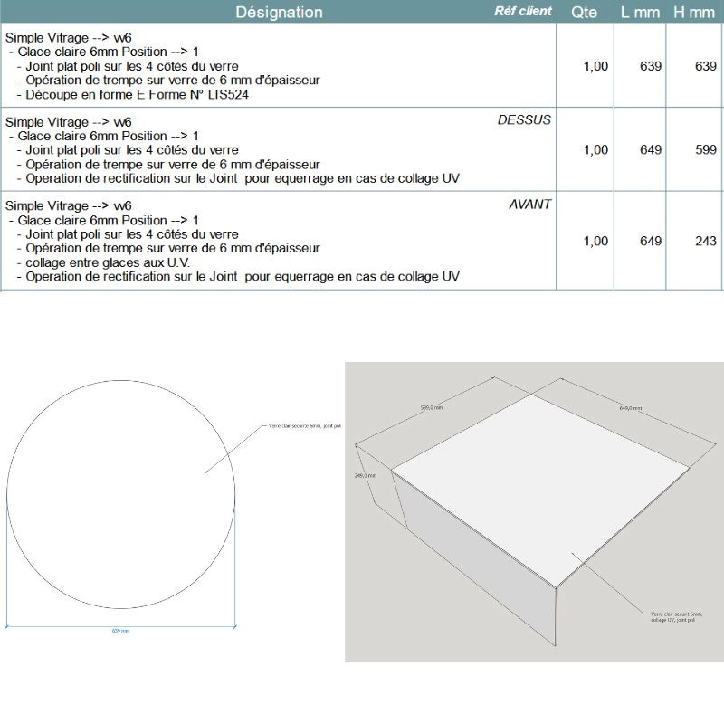 Devis sur mesure verre trempé clair 6mm rond et cloche