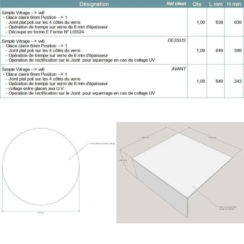 Devis sur mesure verre trempé clair 6mm rond et cloche