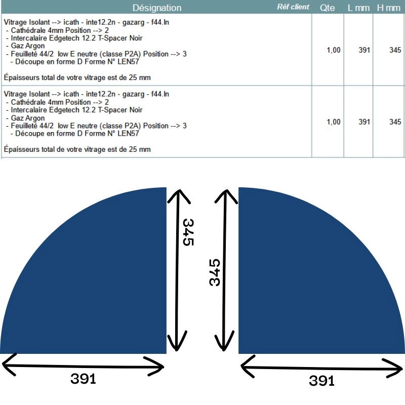 Devis sur mesure double vitrage forme quart de cercle