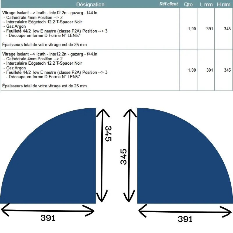 Devis sur mesure double vitrage forme quart de cercle