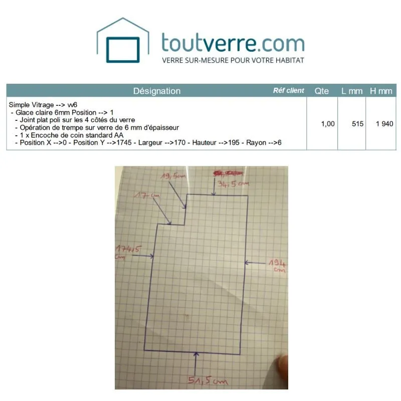 Devis sur mesure verre trempé clair 6mm avec encoche