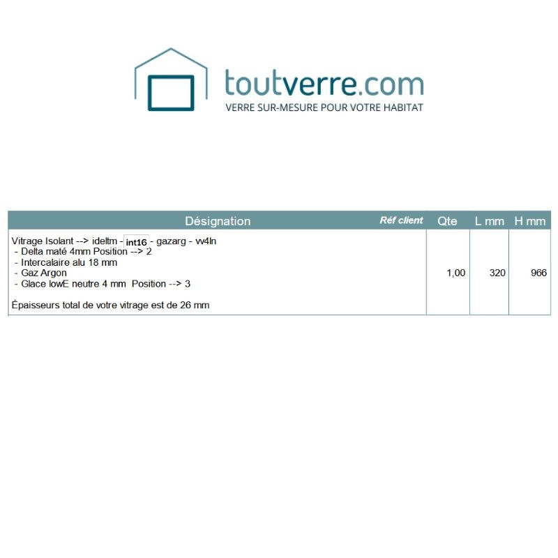 Devis sur mesure double vitrage avec face imprimé delta mat