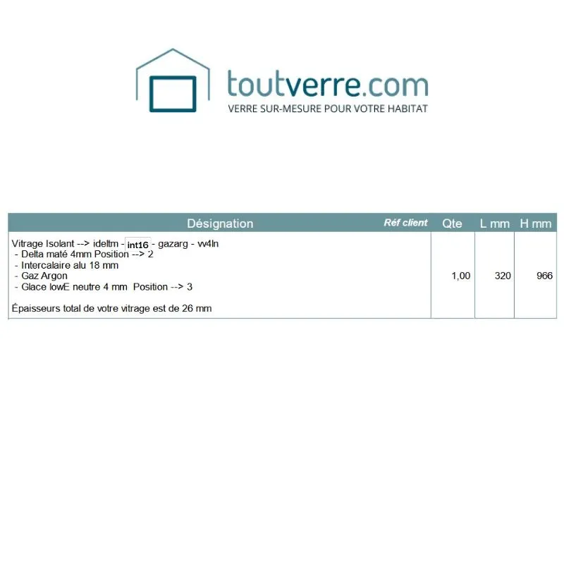 Devis sur mesure double vitrage avec face imprimé delta mat