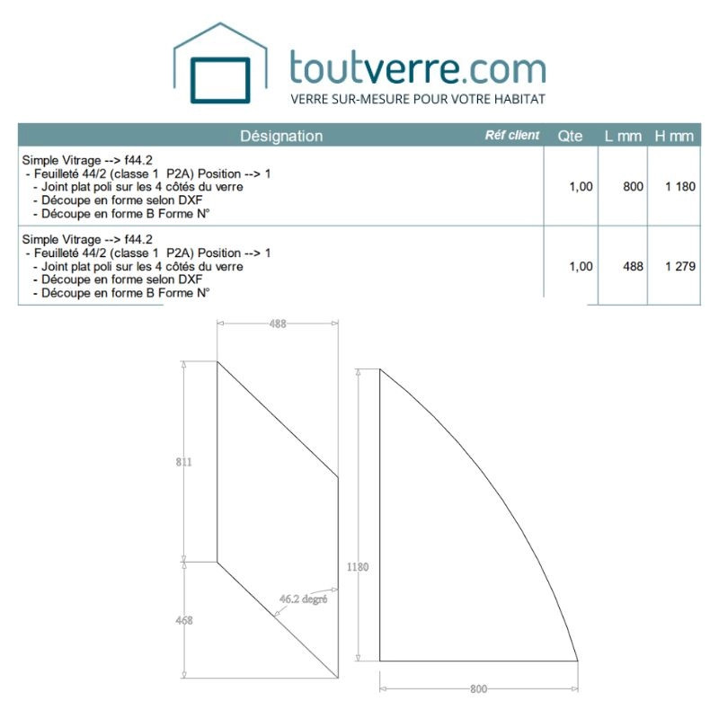 Devis sur mesure verre feuilleté 44.2 jpp selon forme dxf