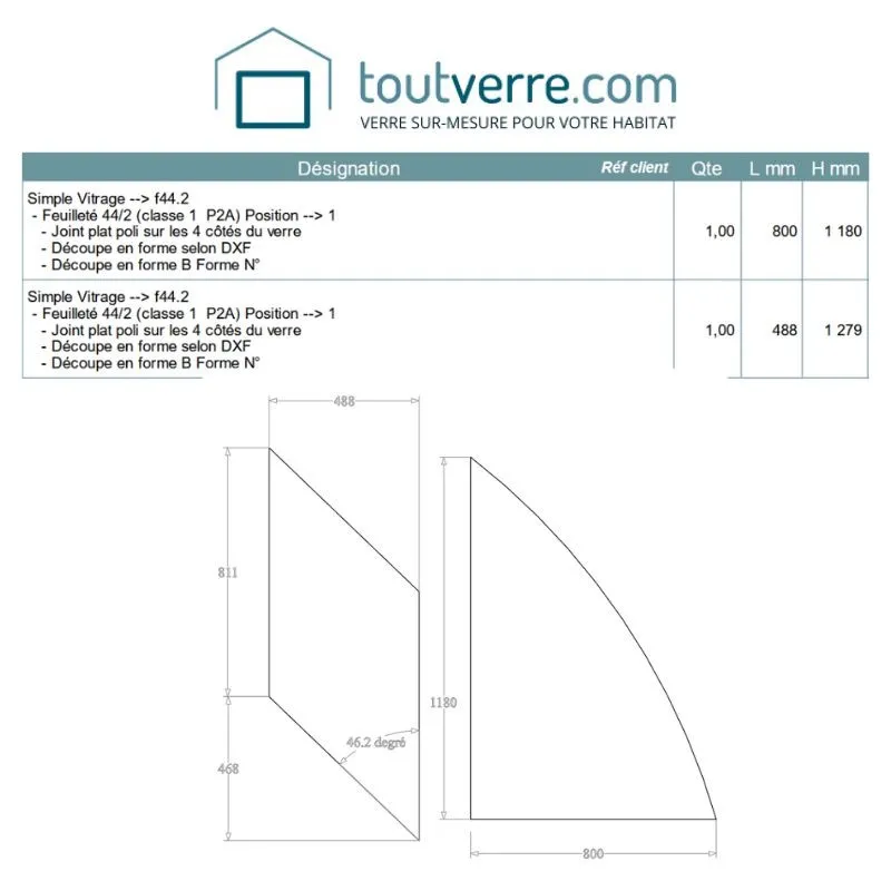 Devis sur mesure verre feuilleté 44.2 jpp selon forme dxf