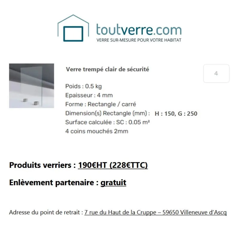 Devis sur mesure verre trempé de sécurité clair 4mm